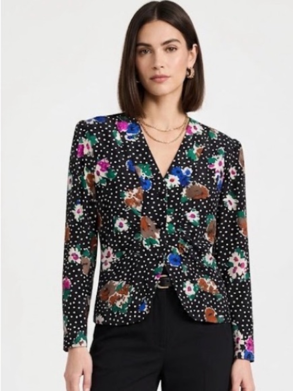 Vintage Argenti 100% pure silk Floral Polka Dot V-neck Long Sleeve Blouse size 4